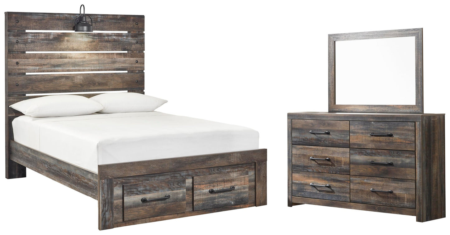 Cama Drystan con dos cajones y cómoda con espejo