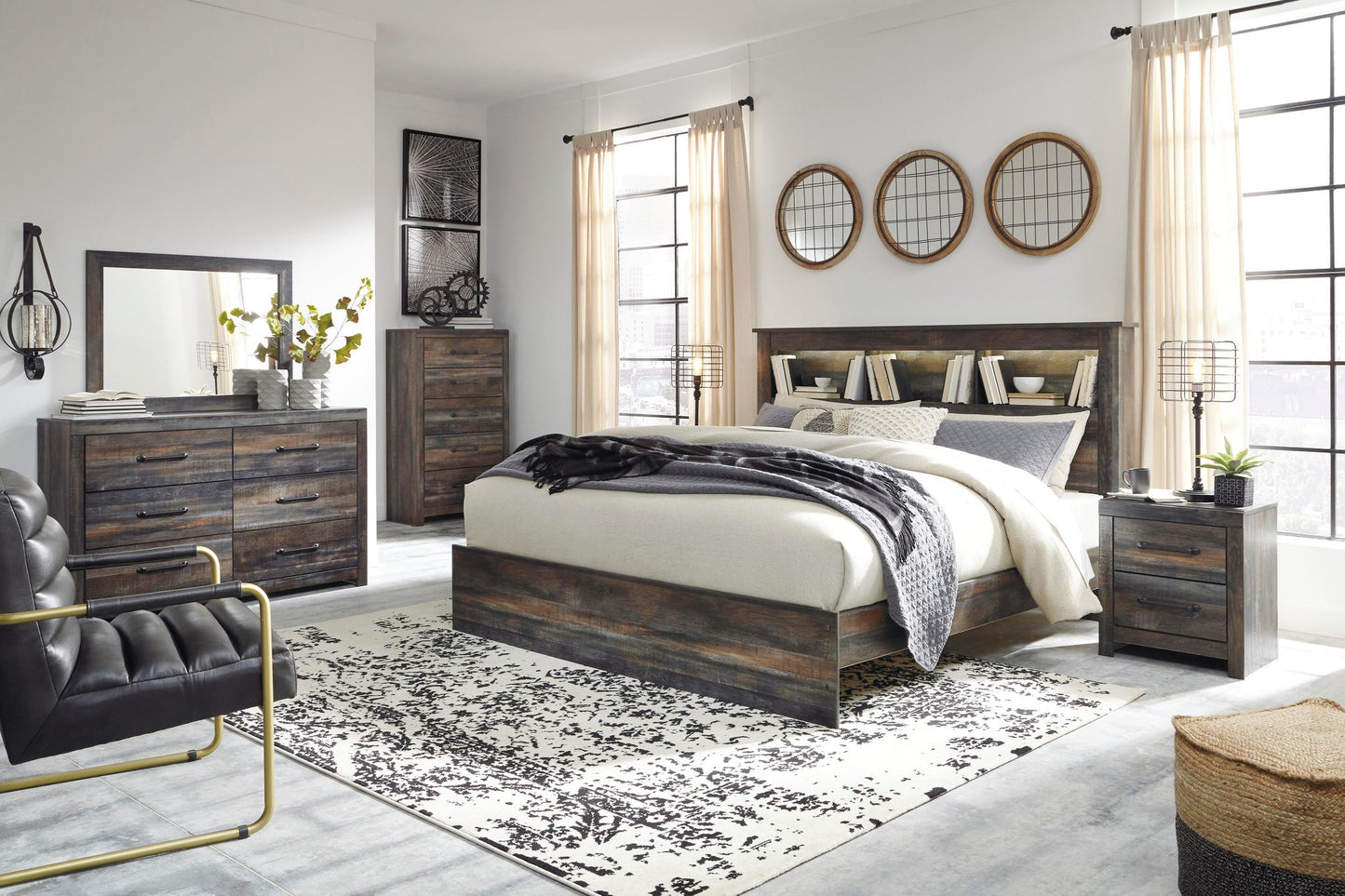 Cama con librería Drystan con espejo, cómoda y mesita de noche