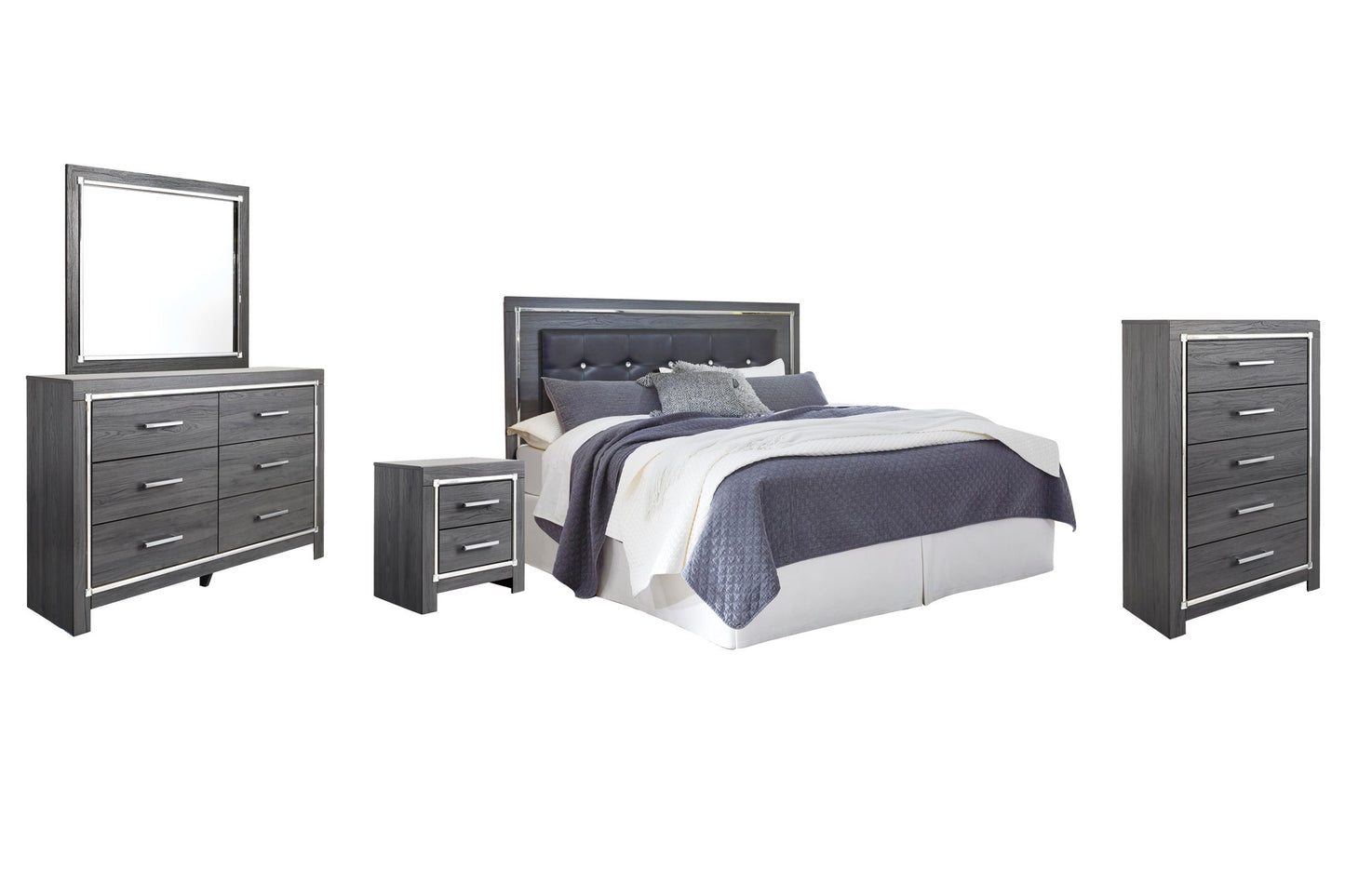 Lodanna /California King Upholstered Panel Headboard Bed With Mirrored Dresser, Chest And Nightstand