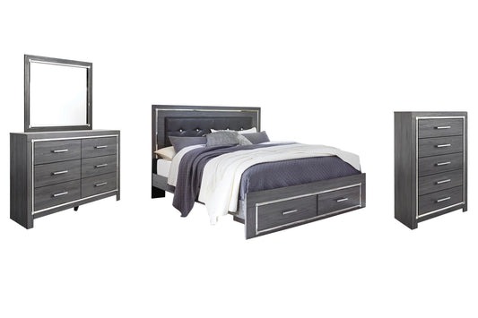 Cama Lodanna con dos cajones, cómoda con espejo y mesita de noche