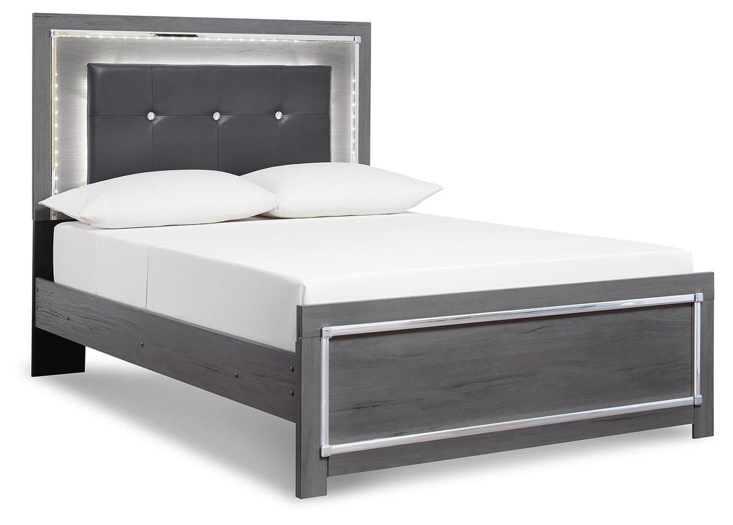 Cama Lodanna con paneles, cómoda con espejo y mesita de noche