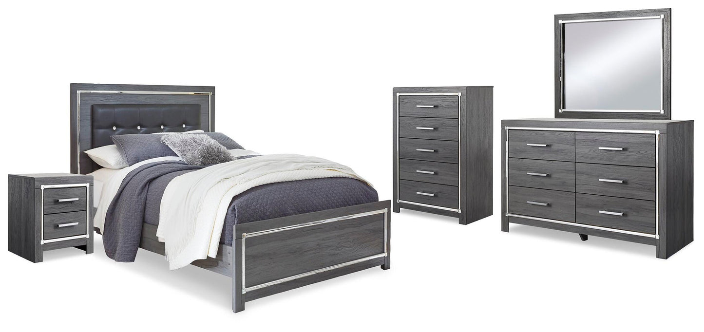 Cama Lodanna con paneles, cómoda con espejo y mesita de noche