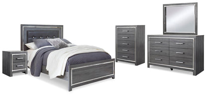 Cama Lodanna con paneles, cómoda con espejo y mesita de noche