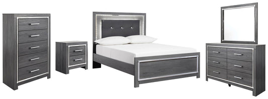 Cama Lodanna con paneles, cómoda con espejo y mesita de noche