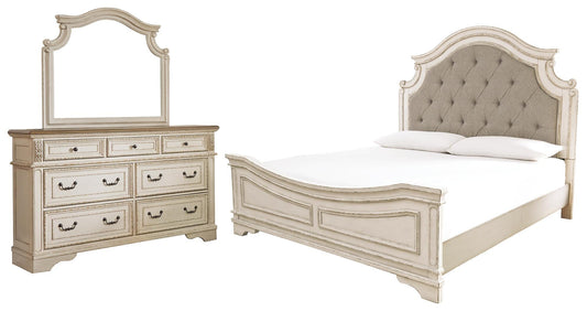 Cama tapizada Realyn con paneles y tocador con espejo