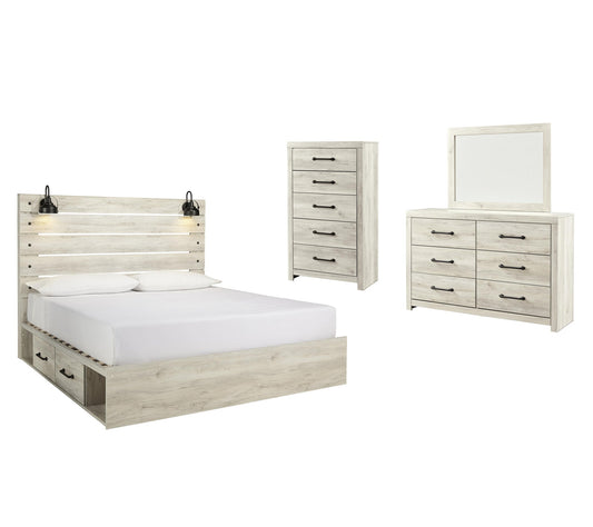 Cama Cambeck con dos cajones, cómoda con espejo y mesita de noche
