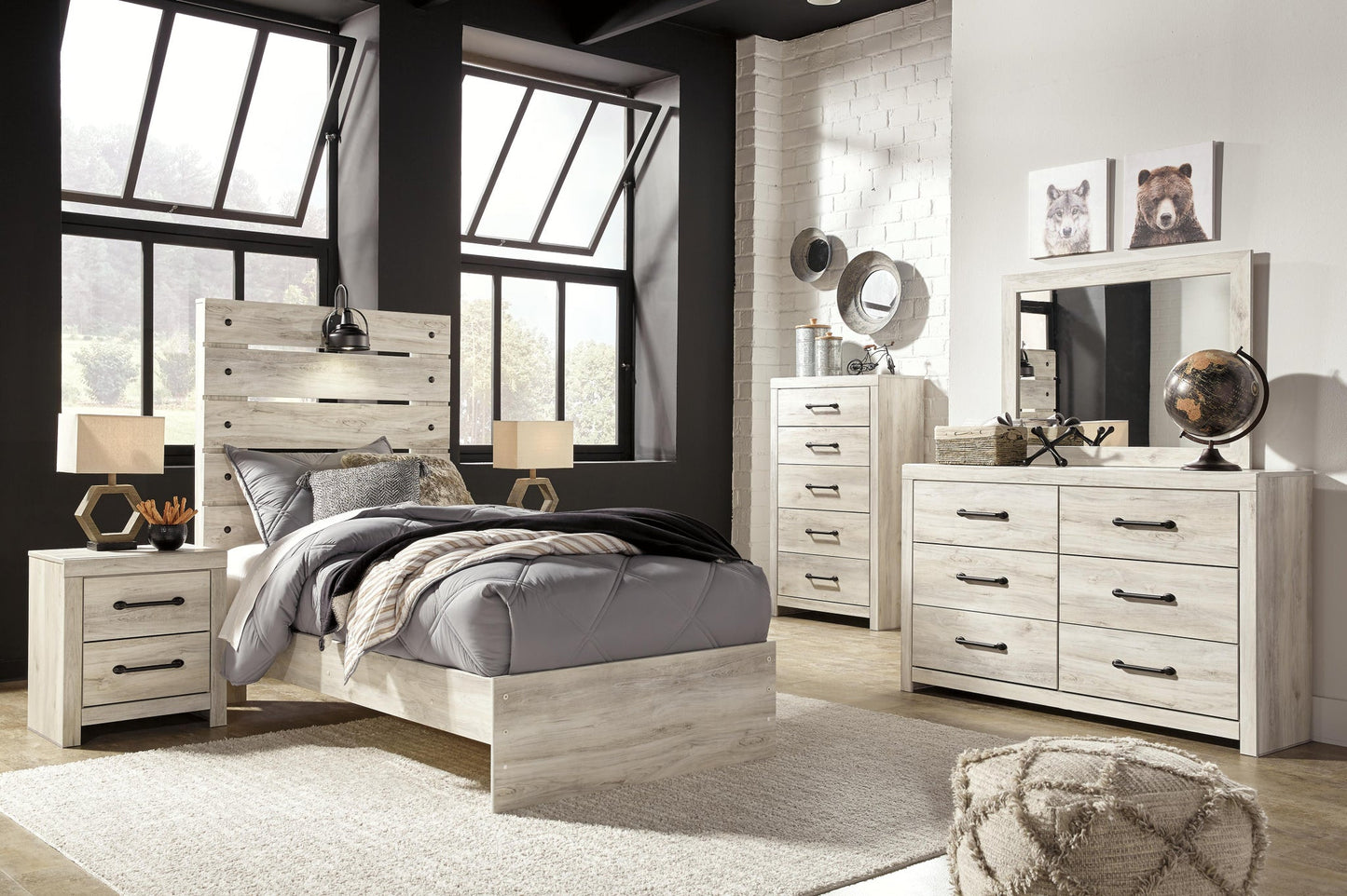 Cama Cambeck con paneles, cómoda con espejo y mesita de noche