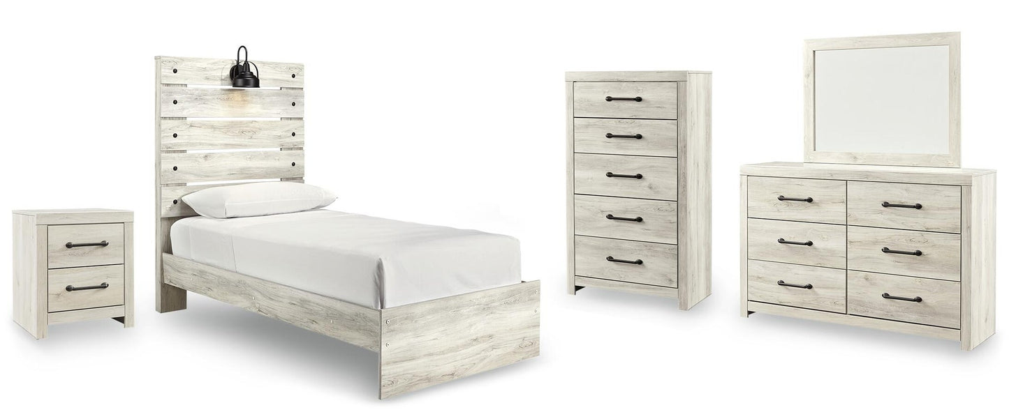 Cama Cambeck con paneles, cómoda con espejo y mesita de noche