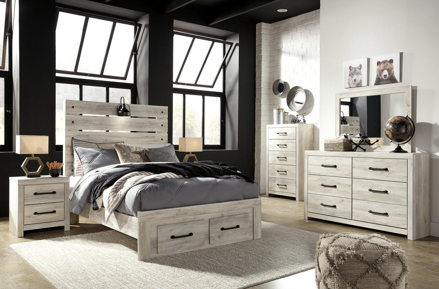 Cama Cambeck con 4 cajones, cómoda con espejo, cómoda y mesita de noche