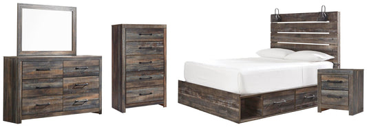 Cama Drystan con dos cajones, cómoda con espejo y mesita de noche.