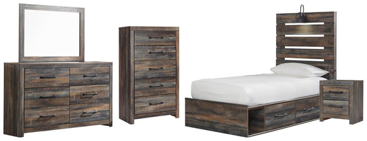 Cama Drystan con 4 cajones, cómoda con espejo y mesita de noche