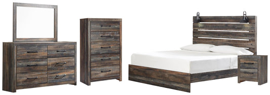 Cama Drystan con paneles, cómoda con espejo y mesita de noche