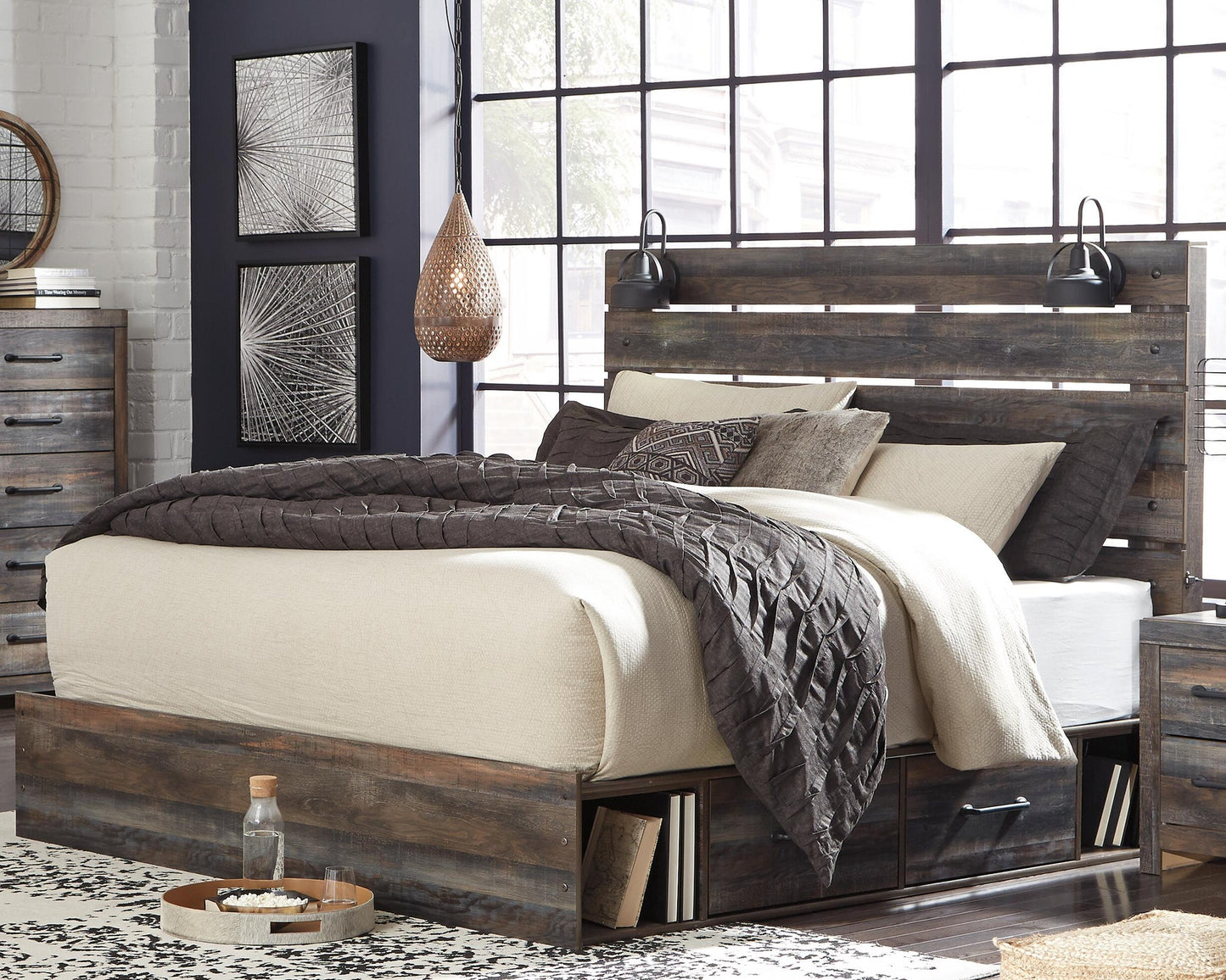 Cama Drystan con dos cajones y cómoda con espejo