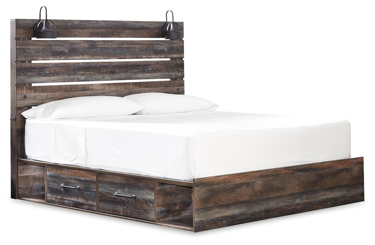 Cama Drystan con dos cajones, cómoda con espejo y mesita de noche.