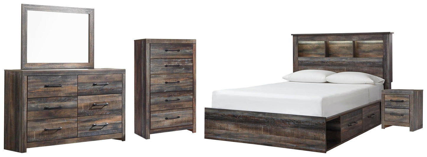 Cama-librería Drystan con dos cajones, cómoda con espejo, cómoda y mesita de noche