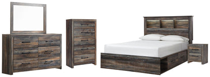 Cama-librería Drystan con dos cajones, cómoda con espejo, cómoda y mesita de noche