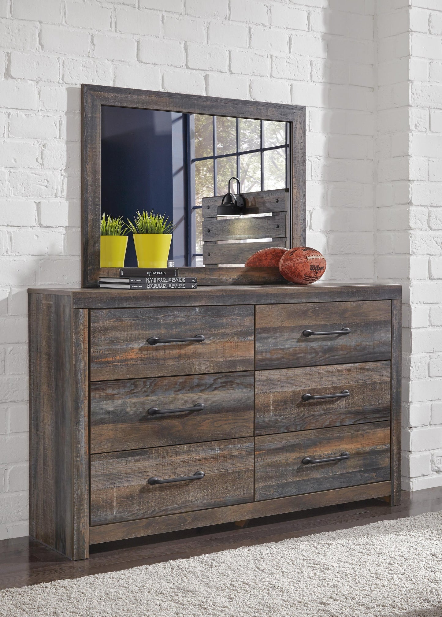 Cama-librería Drystan con dos cajones y cómoda con espejo
