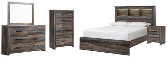 Cama-librería Drystan con cómoda con espejo, cómoda y mesita de noche