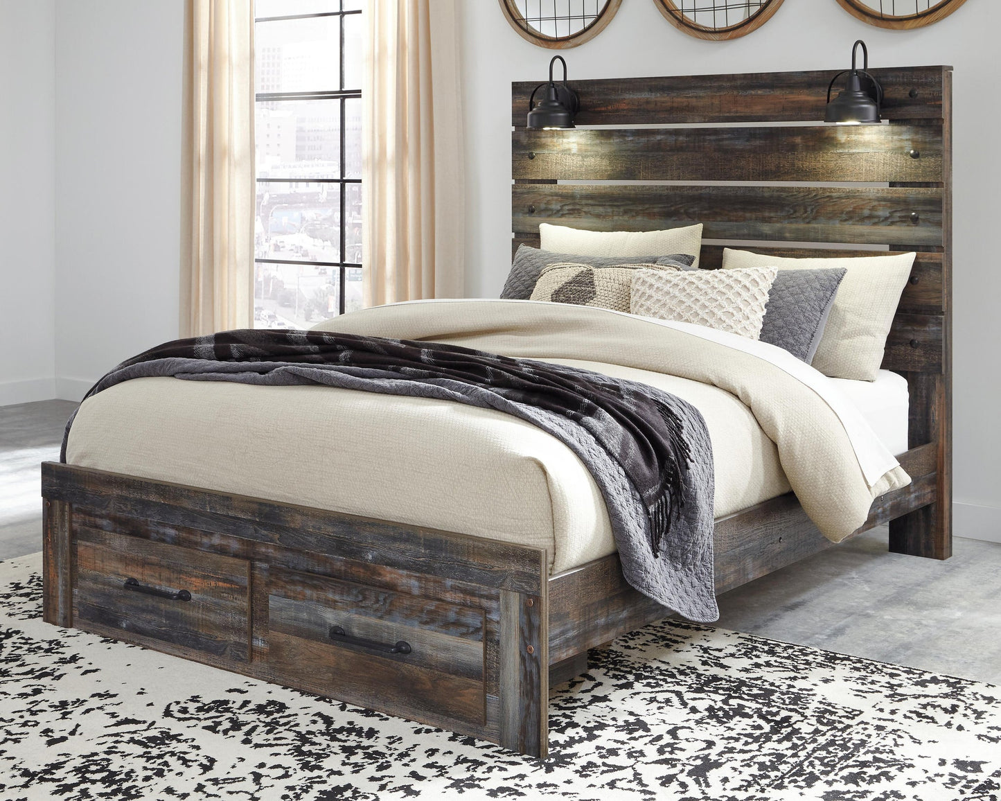 Cama Drystan con dos cajones y cómoda con espejo