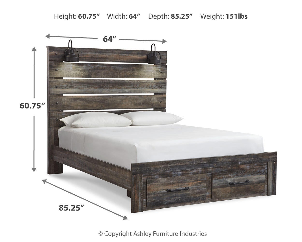 Cama Drystan con dos cajones y cómoda con espejo