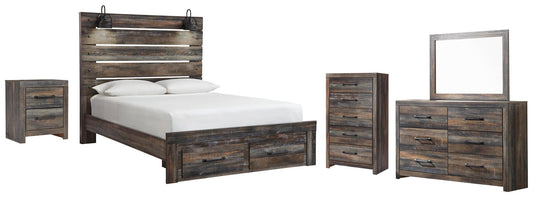 Cama Drystan con dos cajones, cómoda con espejo y mesita de noche.