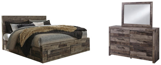 Cama Derekson con 6 cajones y cómoda con espejo