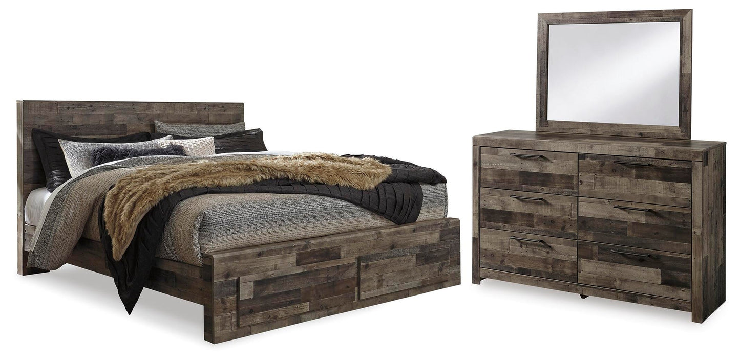 Cama con paneles Derekson con dos cajones y cómoda con espejo