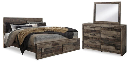 Cama con paneles Derekson con dos cajones y cómoda con espejo