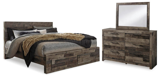 Cama con paneles Derekson con dos cajones y cómoda con espejo