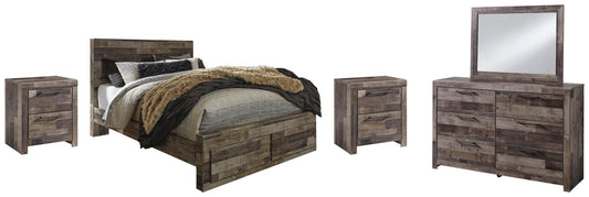 Cama Derekson con dos cajones, cómoda con espejo y mesita de noche