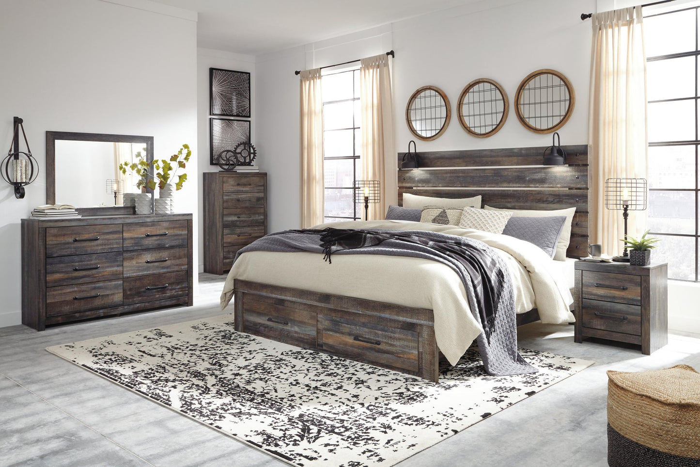 Cama Drystan con paneles y espacio de almacenamiento, con tocador con espejo, cómoda y mesita de noche