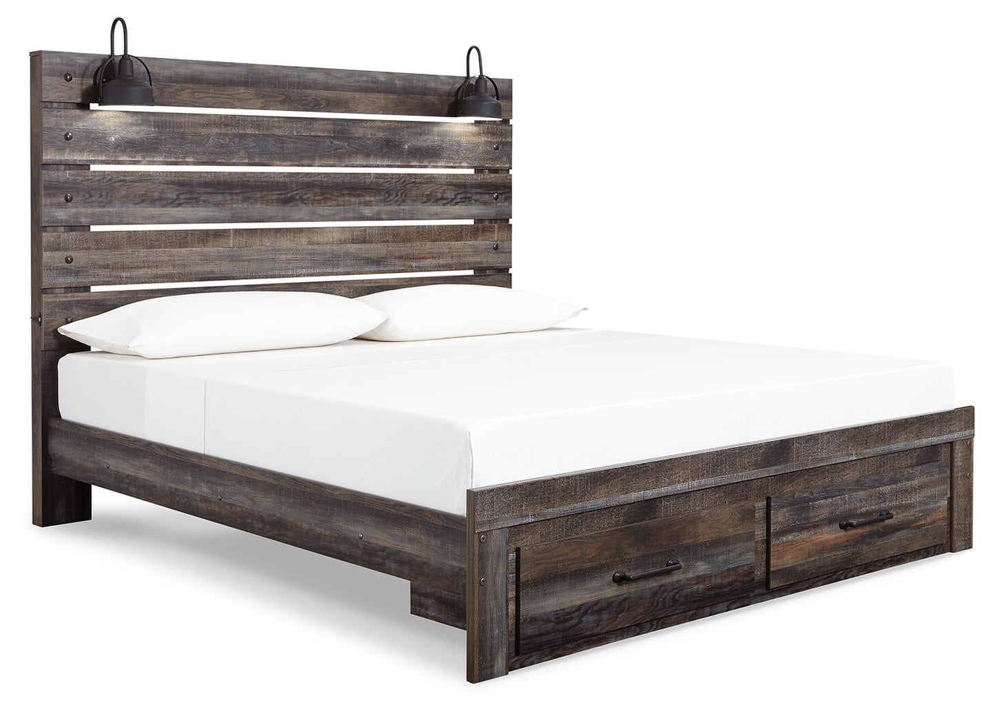 Cama Drystan con paneles y espacio de almacenamiento, con tocador con espejo, cómoda y mesita de noche