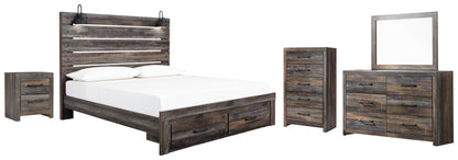 Cama Drystan con paneles y espacio de almacenamiento, con tocador con espejo, cómoda y mesita de noche