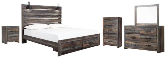 Cama Drystan con paneles y espacio de almacenamiento, con tocador con espejo, cómoda y mesita de noche
