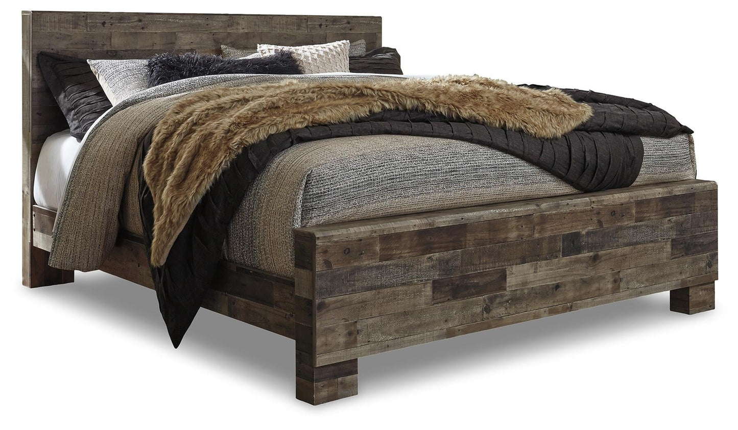 Cama Derekson con paneles, cómoda con espejo y mesita de noche