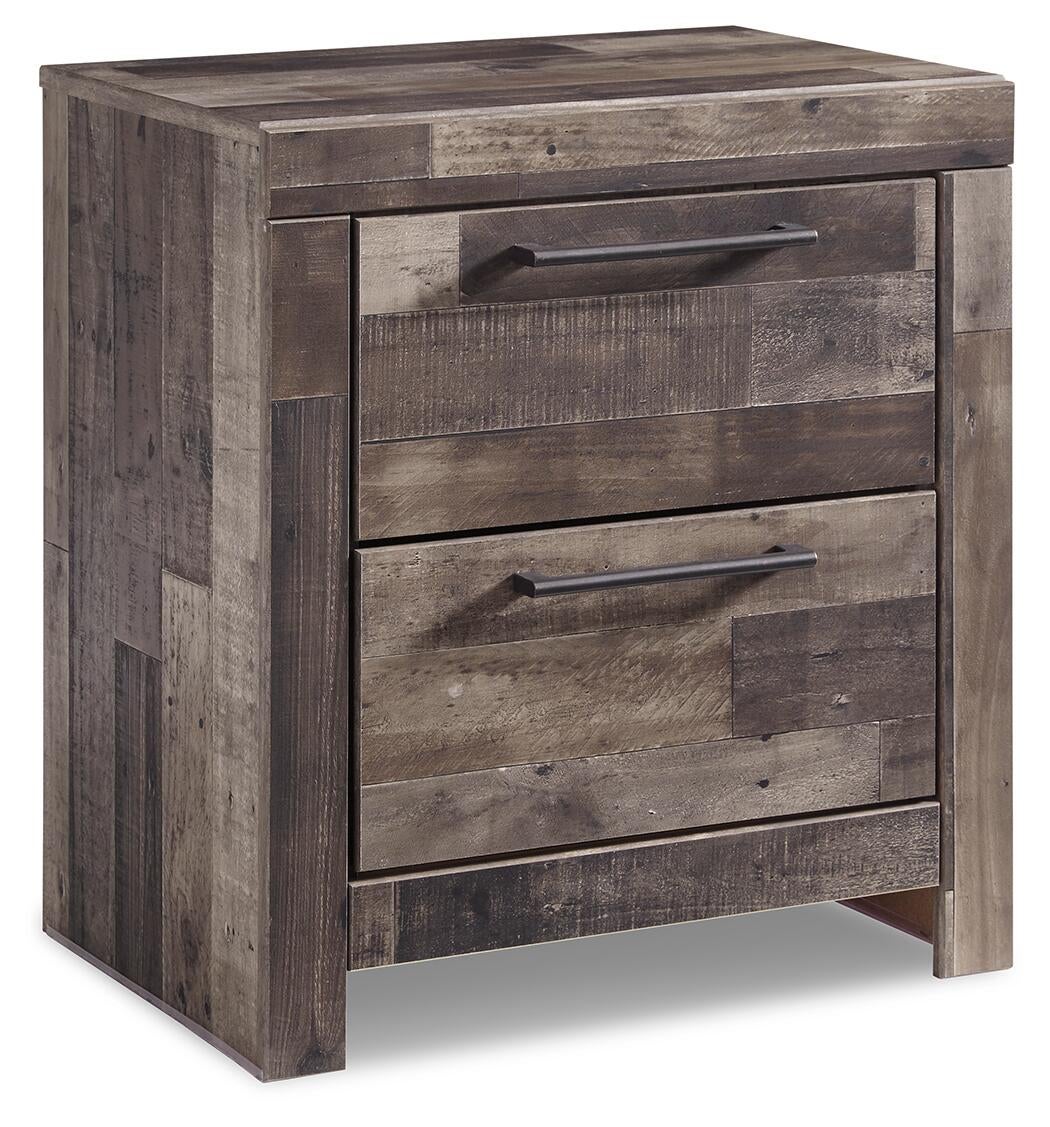 Cama Derekson con paneles, cómoda con espejo y mesita de noche