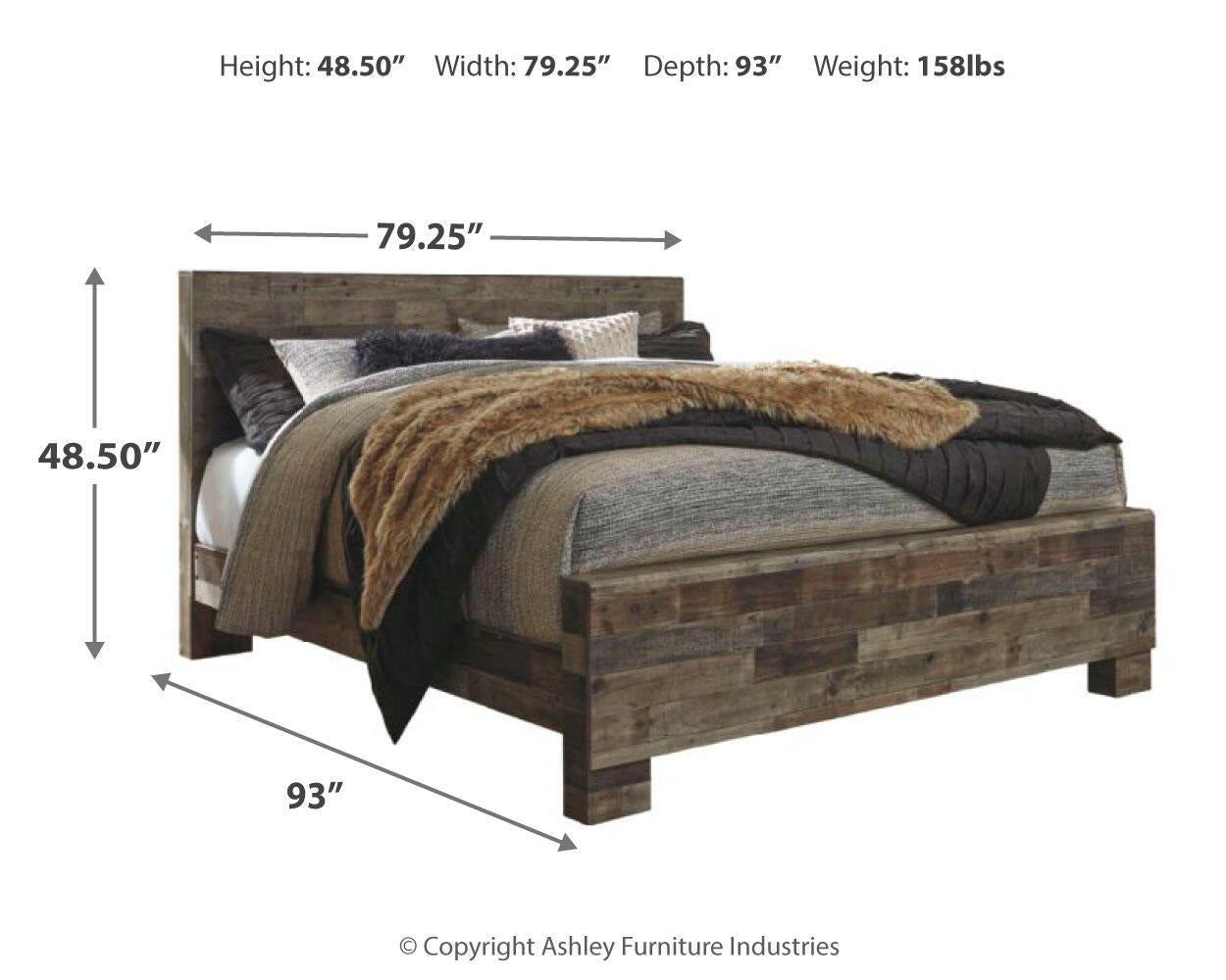 Cama Derekson con paneles, cómoda con espejo y mesita de noche