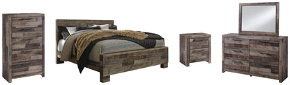 Cama Derekson con paneles, cómoda con espejo y mesita de noche