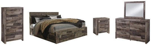 Cama Derekson con 6 cajones, cómoda con espejo, cómoda y mesita de noche