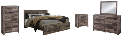 Cama Derekson con dos cajones, cómoda con espejo y mesita de noche