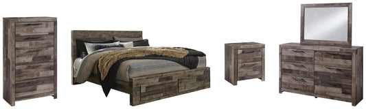 Cama Derekson con dos cajones, cómoda con espejo y mesita de noche