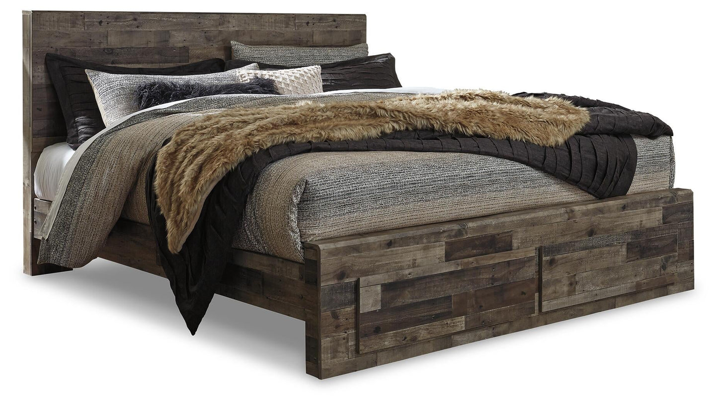 Cama Derekson con dos cajones, cómoda con espejo y mesita de noche