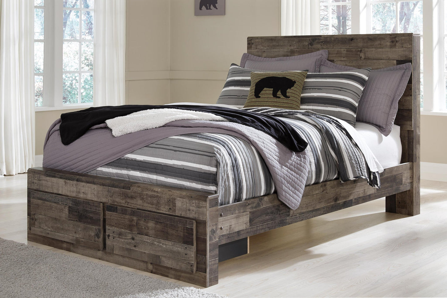 Derekson  Panel Bed With 2 Storage Drawers With Mirrored Dresser, Chest And Nightstand