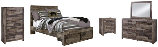 Cama Derekson con dos cajones, cómoda con espejo y mesita de noche