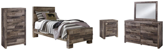 Cama Derekson con paneles, cómoda con espejo y mesita de noche