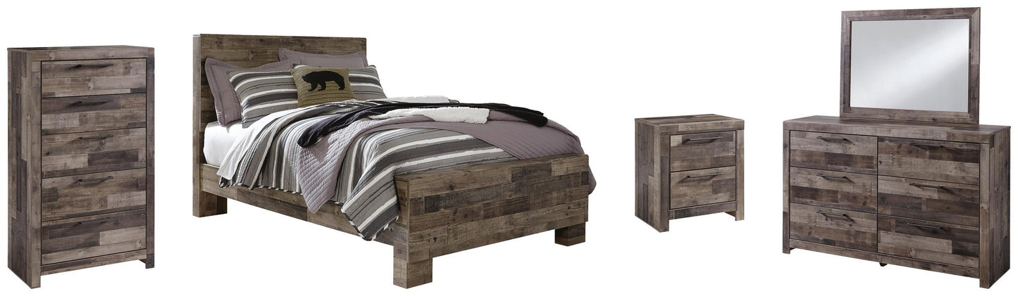 Cama Derekson con paneles, cómoda con espejo y mesita de noche