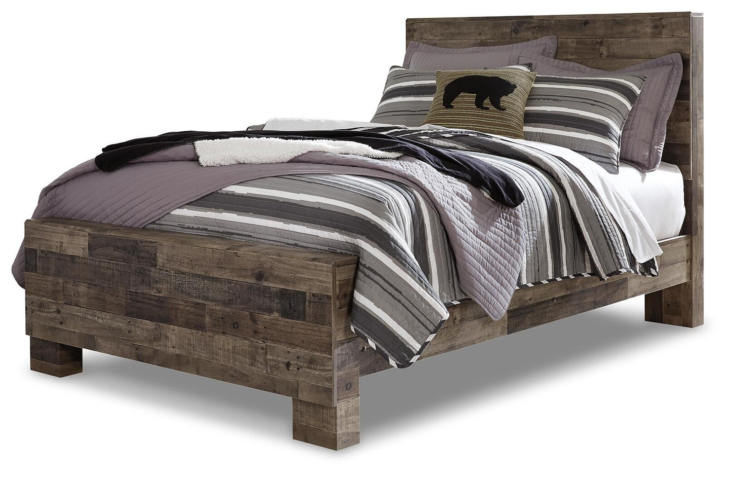 Cama Derekson con paneles, cómoda con espejo y mesita de noche