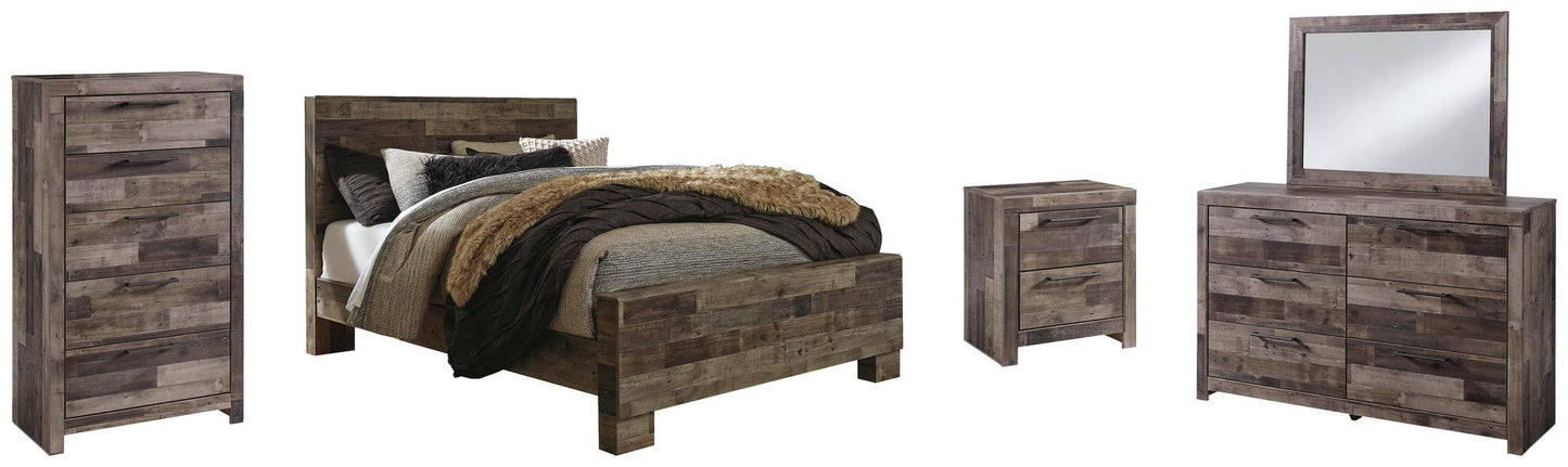 Cama Derekson con paneles, cómoda con espejo y mesita de noche