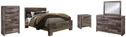 Cama Derekson con paneles, cómoda con espejo y mesita de noche