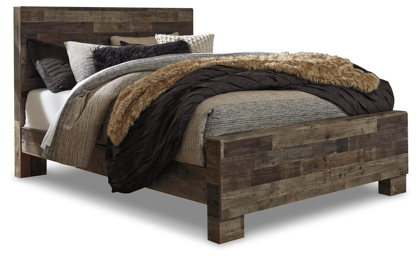 Cama Derekson con paneles, cómoda con espejo y mesita de noche